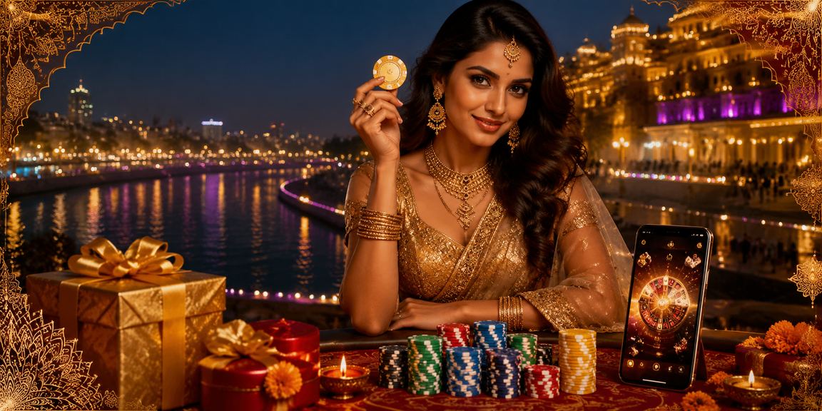 Mobile casino app usage at Ahmedabad riverfront with Bollywood theme