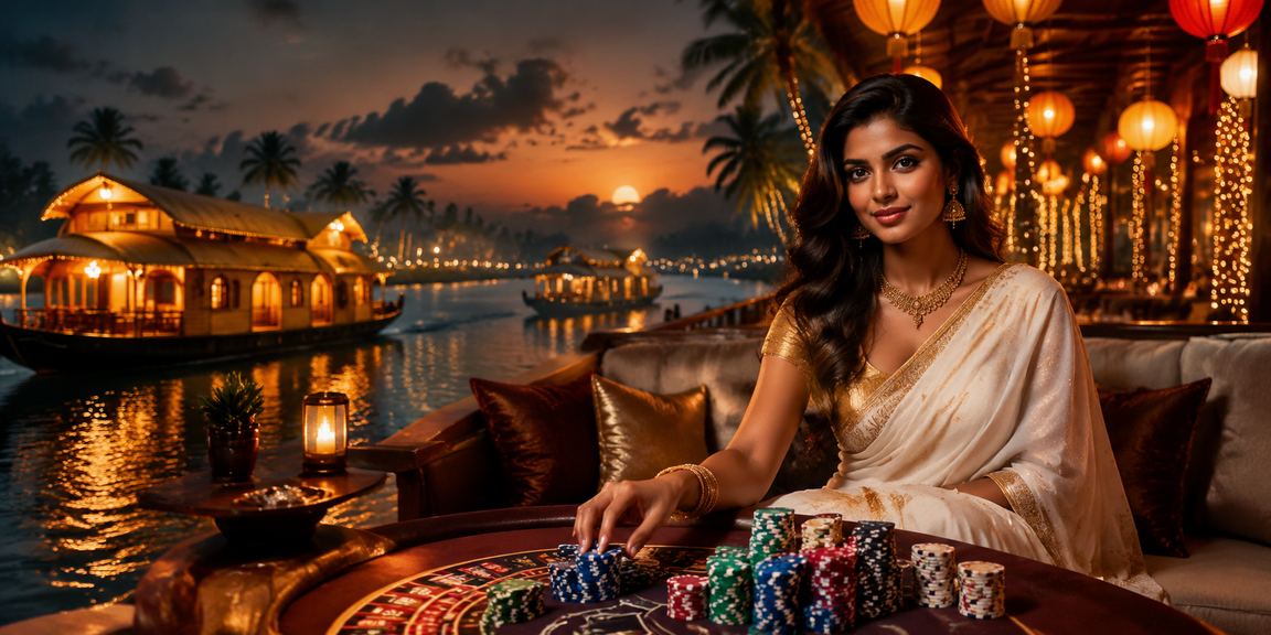Player enjoying classic slots against serene Kerala backwaters backdrop